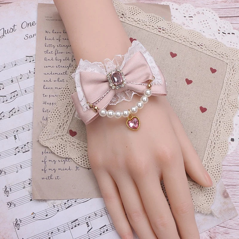 Ornate Mine Series  Handmade Ribbon Bow Bracelet Women Pearl Lace Chain Bow with Heart Pendant Lolita Accessories Bracelet