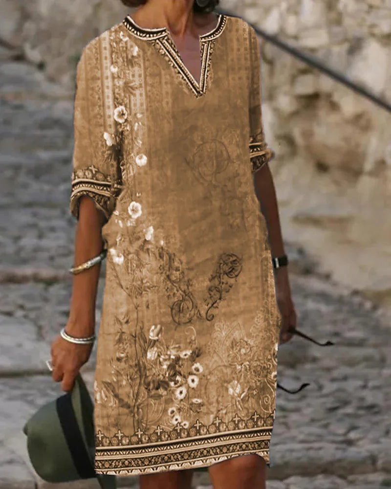 Elegant Women's Loose  Dresses Flower 2023 Spring/Summer Ethnic Style Buddy Print Retro Casual V-neck Dress Lady Robe S-5XL