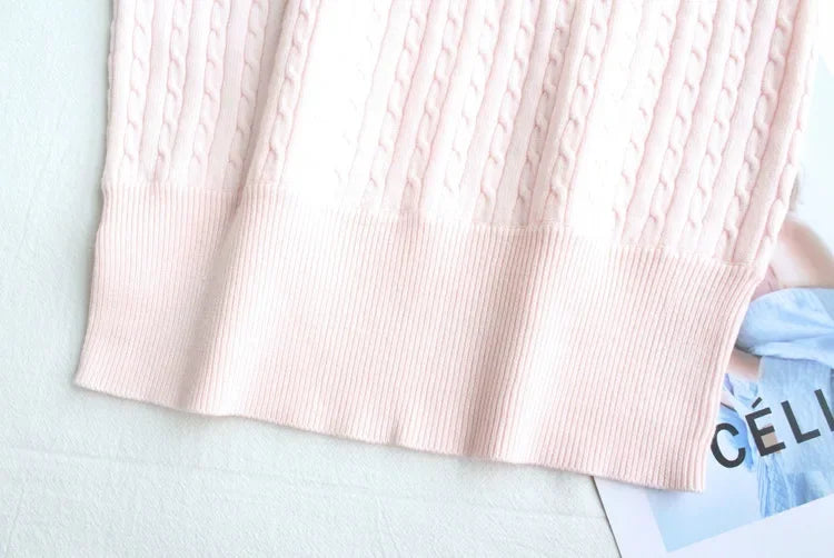 Japanese New Spring Ladies Sweet Bubble Short Sleeve Twist Knitted Top Sweater Letter Embroidered Pure Color Women's T-shirt