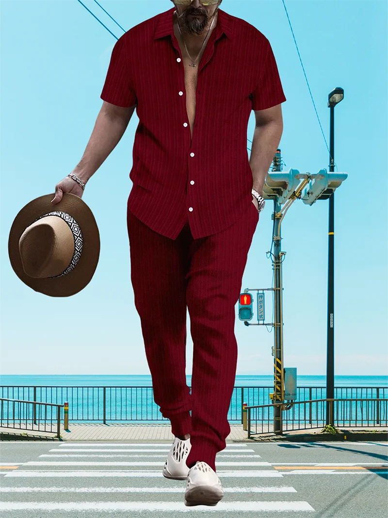 Ultra-thin Ultra-light Summer Men's Shirt Casual Loose Short Sleeve + Trousers Beach Suit Surf Casual Solid Color Lapel Suit