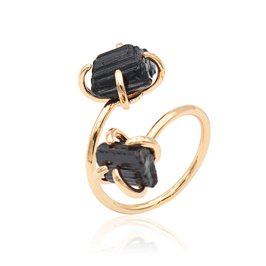 Irregular Black Tourmaline Open Ring for Women Girls Claw Setting Gold-color Boho Rough Natural Stone Finger Jewelry Resizable