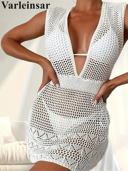 New Deep V Neck Backless Hollow Out Crochet Knitted Tunic Beach Cover Up Cover-ups Beach Dress Beach Wear Beachwear Female V6180