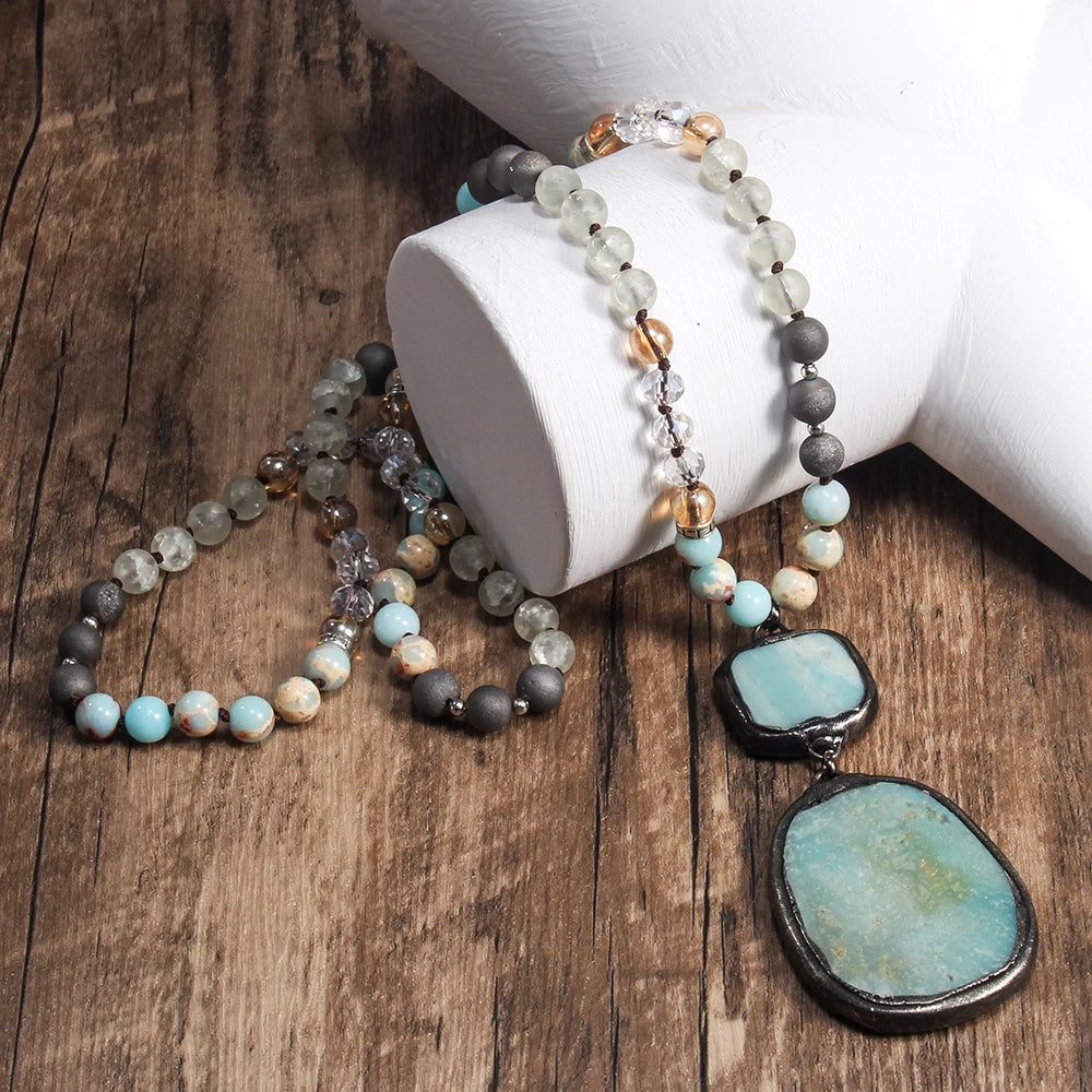 Spring/Summer New Fashion Boho Ethnic Style 8mm Natural Stone Glass Knot Necklace Square and Irregular Stone Pendant Necklace