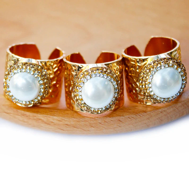 Micro Inlay Full Rhinestone Gold Plated Pearl Bride Engagement Wedding Open Ring Resizable