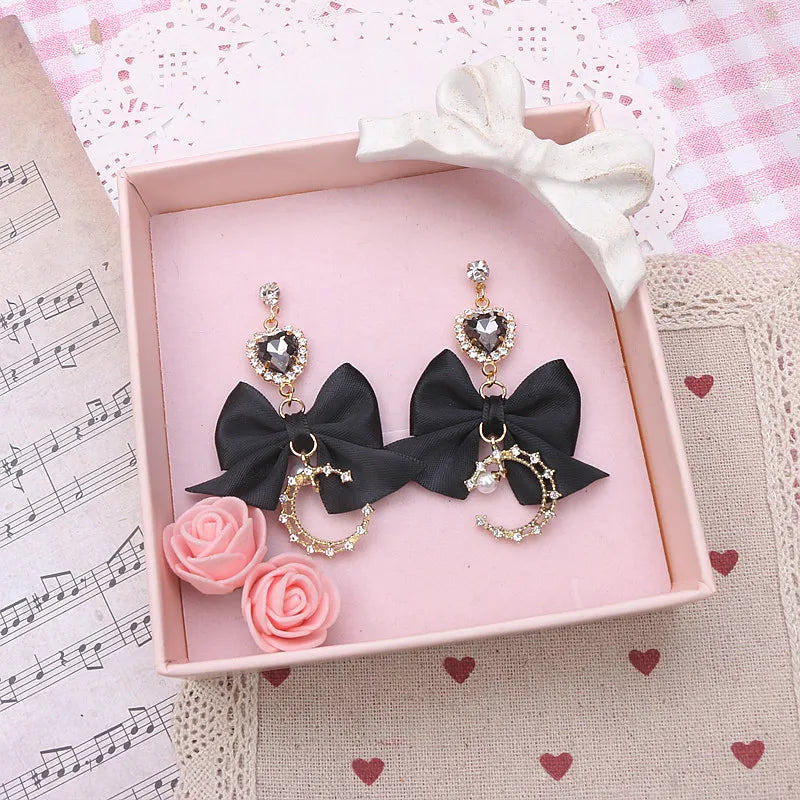 Lo Girl's Earrings Moon Rhinestone Pearl Heart Pendant Fashion Handmade Bow Jiraikei Kawaii Needle Ear Clip Earrings for Women