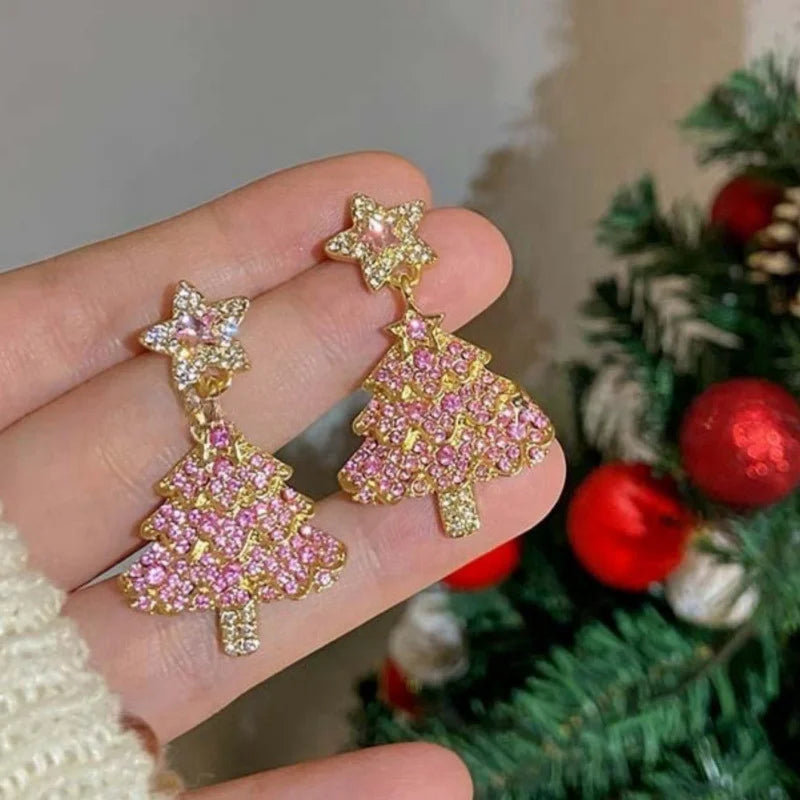 Shiny Pink Colorful Christmas Tree Zircon Crystal Earrings For Women Star Silver Color Stud Dangle Jewelry Xmas Party Gift