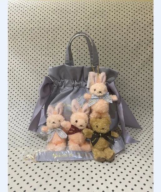 Japanese Style New Double-Sided Drawstring Bags Sweet Cute Girl Ladies Satin Bow Crossbody Shoulder Portable Handbag