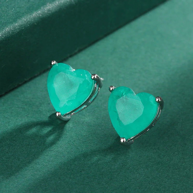 Luxury Silver Color Paraiba Tourmaline Gemstone Heart Necklace Earring for Women Wedding Dinner Party Jewelry Anniversary Gift