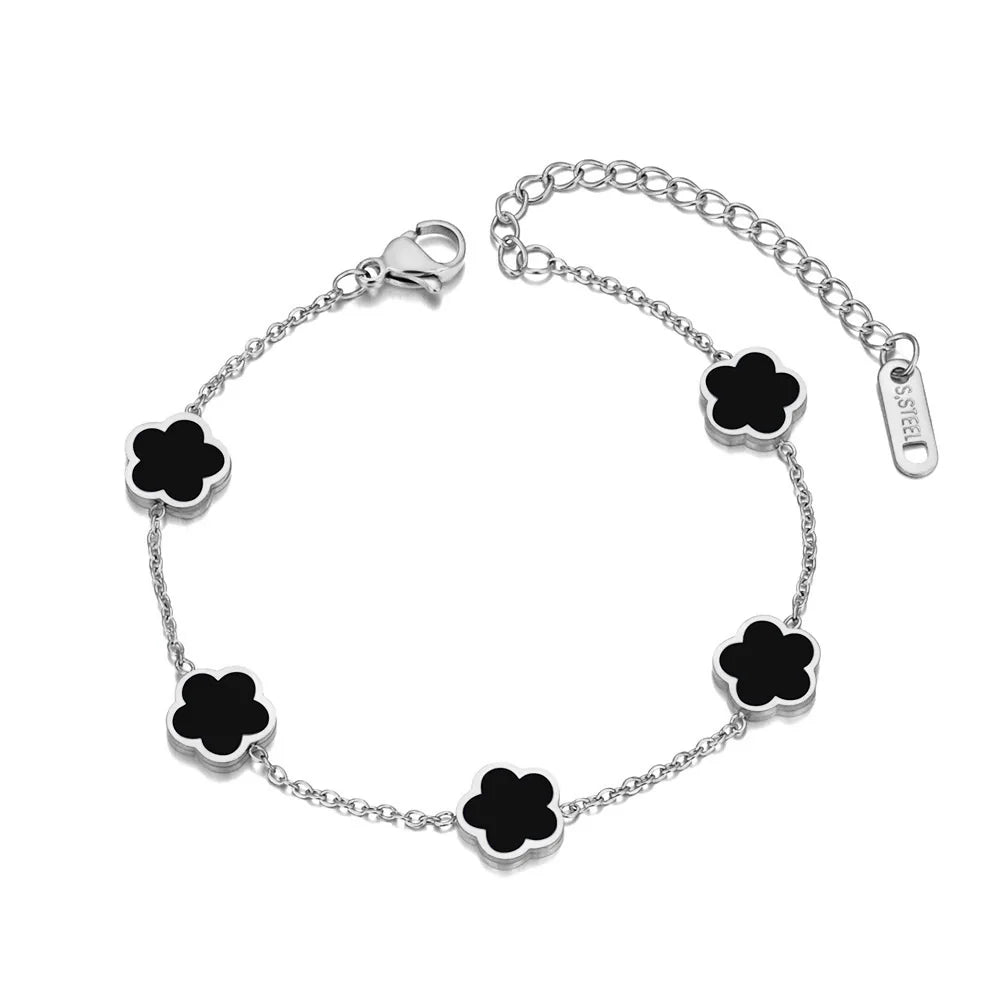 JeeMango Fashion Stainless Steel White Black Green Shell Flower Charm Bracelets For Women Real Gold Plated Chain Jewelry JB23071