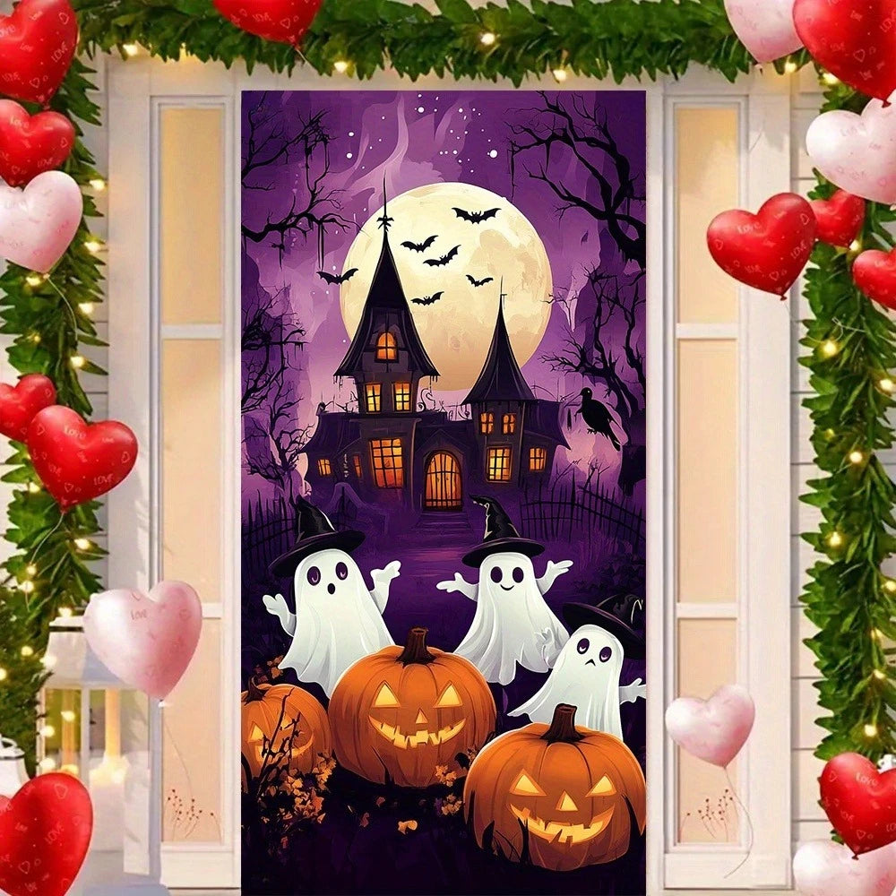 2D FLAT banner background fabric banner Party decoration Halloween door frame Pumpkin and bat pattern, party decoration banner