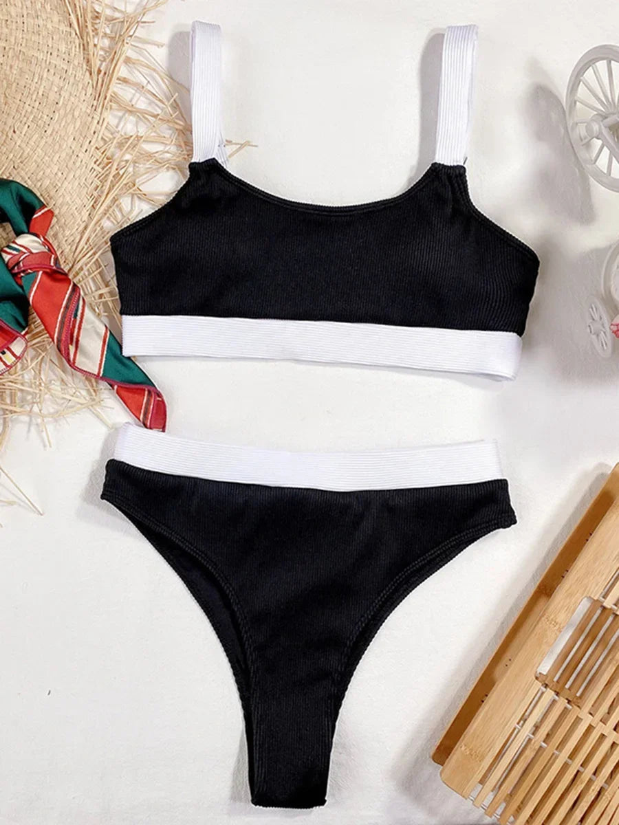 Sexy Splicing Ribbed Bikinis High Waist Bikini 2025 Female Swimsuit Women Swimwear Two-pieces Bikini Set Bathing Suit Swim Lady