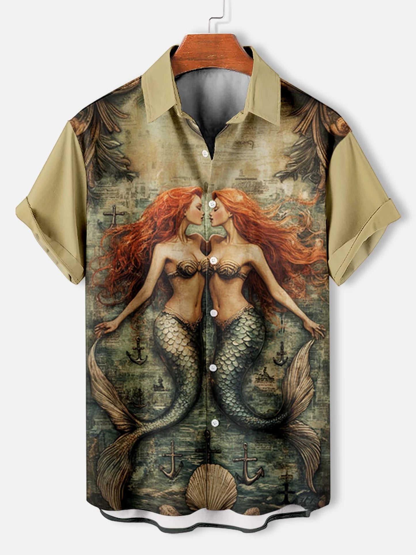 Retro Mermaid Pattern Men's Shirt Short Sleeve Shirts Button Down Lapel Shirts Oversized Tops Casual Hawaiian Shirt for Men