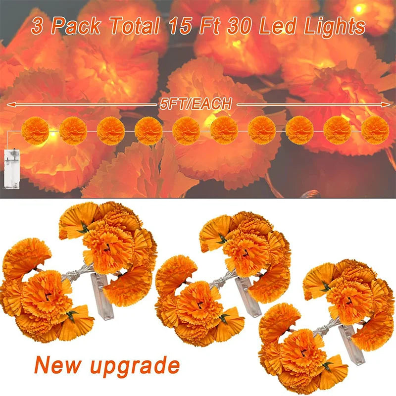 Mexican Marigold Artificial Flowers Day Of The Dead Diy Home Outdoor Decor Halloween Diwali Party 1.5m Garland String Lights