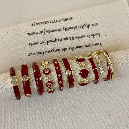 Y2K Vintage Red Drip Oil Bow Rings for Women Girls Cool Sweet gold Color Heart Open Rings Fashion Christmas Jewelry Gifts