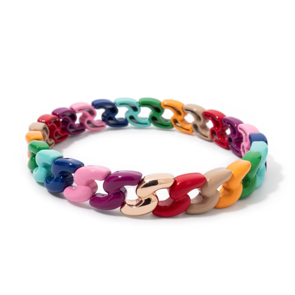 Rainbow Color Link Chain Shape Enamel Bracelets For Women Boho Beaded Bangle Accessory