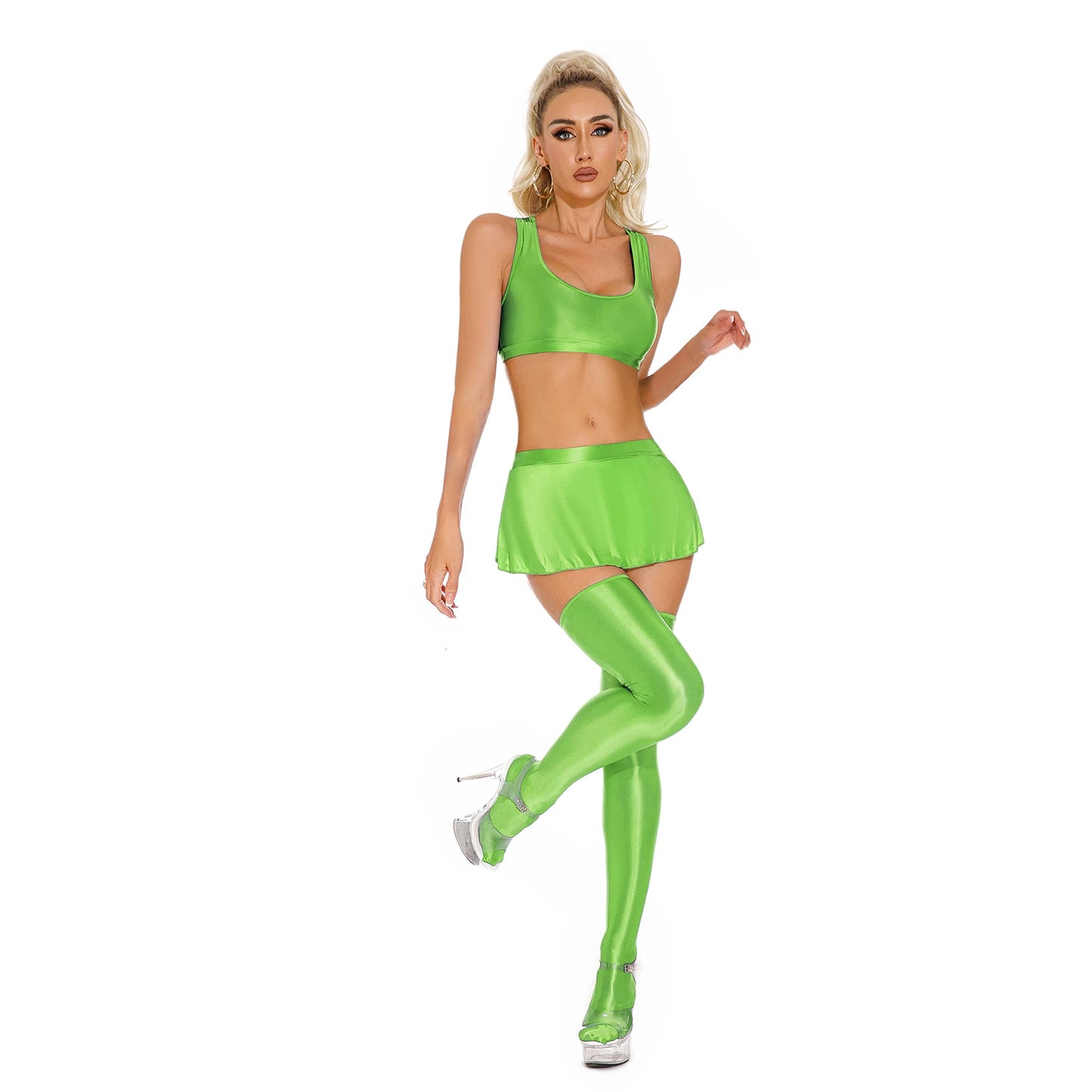 Womens Sexy Glossy Lingerie Set Oil Shiny Nightclub Outfit Crop Tank Tops with Mini Skirt Stockings Pole Dance Clubwear