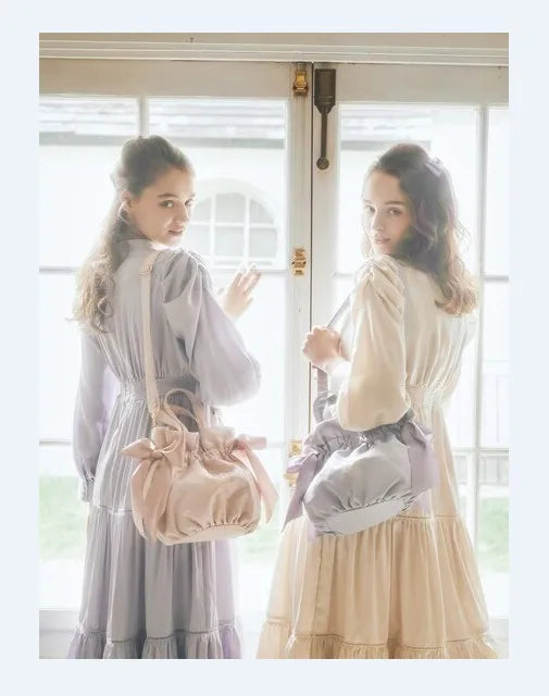 Japanese Style New Double-Sided Drawstring Bags Sweet Cute Girl Ladies Satin Bow Crossbody Shoulder Portable Handbag