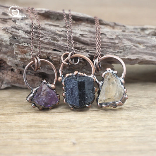 Raw Black Tourmaline Citrines Antique Copper Hoop Pendants Necklace,Healing Energy Ore Amethysts Meditation Retro Jewelry,QC3043