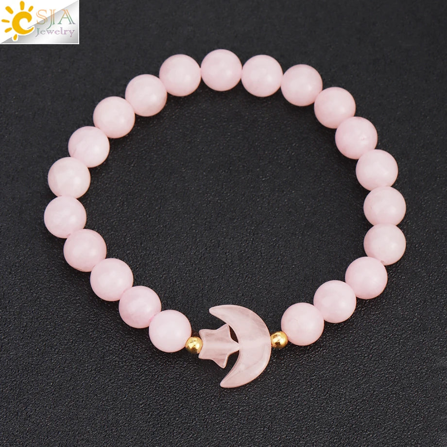 Natrual Stone Bracelet for Women Energy Star Moon Crystal Charm Tiger Eye Pink Quartz Bangle Bead Bracelets Relationship T019