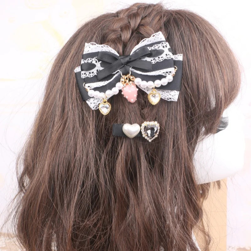 Larme Kei Lace Hair Clips Sweet Girl's Beaded Bow Heart Rhinestone Hair Bows Lolita Strawberry Hair Accessories Gift