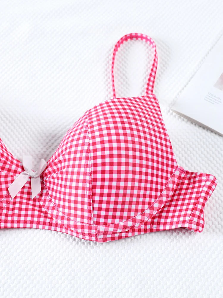 Miyouj Bow Bikinis 2024 Biquin Pleated Swimsuit Women Plaid Print Bikini Set Sexy Swimwear Push Up Beachwear Low Waist Bath Suit