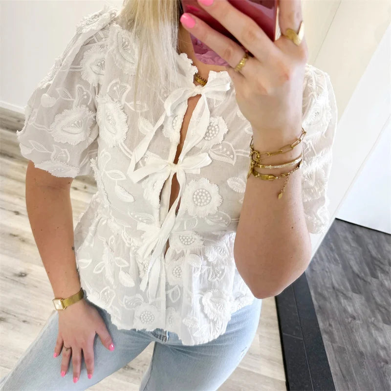 Lamuusaa Babydoll Tops Women y2k Clothes Floral Embroidery Round Neck Puff Short Sleeve Shirts Elegant White Blouses Streetwear