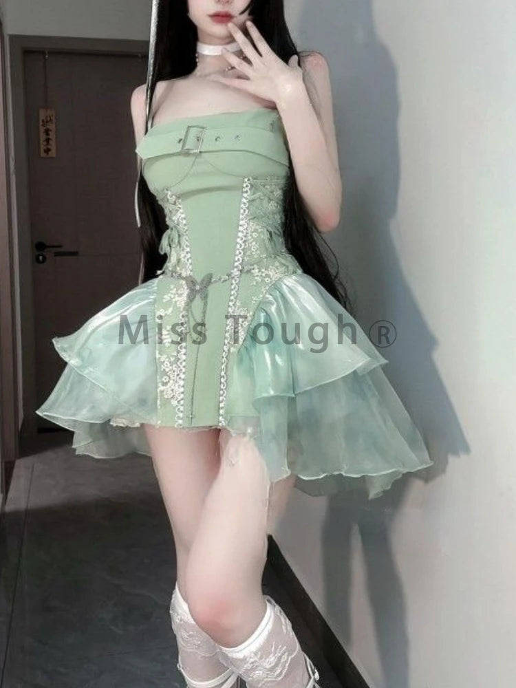 Summer Sweet Lace Sleeveless Dress Women Ruffle Cute Skinny Backless Dresses Female Strappy Kawaii A Line Party Beach Clothing