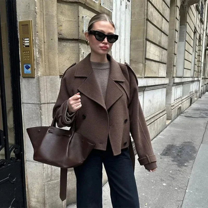 Elegant Woolen Long Coats Women Double-breasted Turn-down Collar Full Sleeves Jackets 2025 Autumn Winter Fashion Outwears Lady