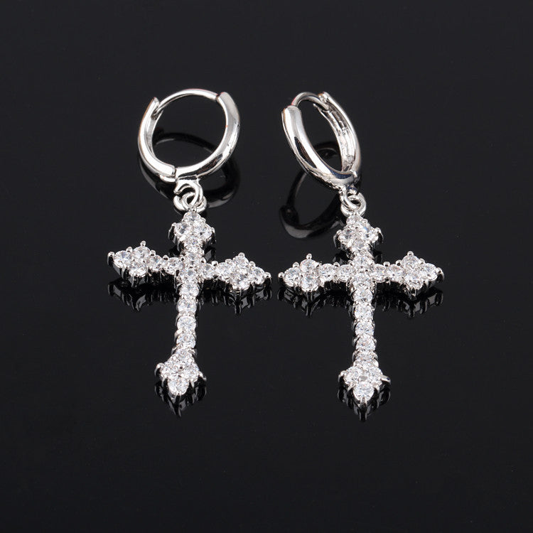 New Trendy Punk Zircon Crystal Cross Earring for Women Men Goth Hip Hop Piercing Black Hoop Earrings Fashion Party Jewelry Gifts