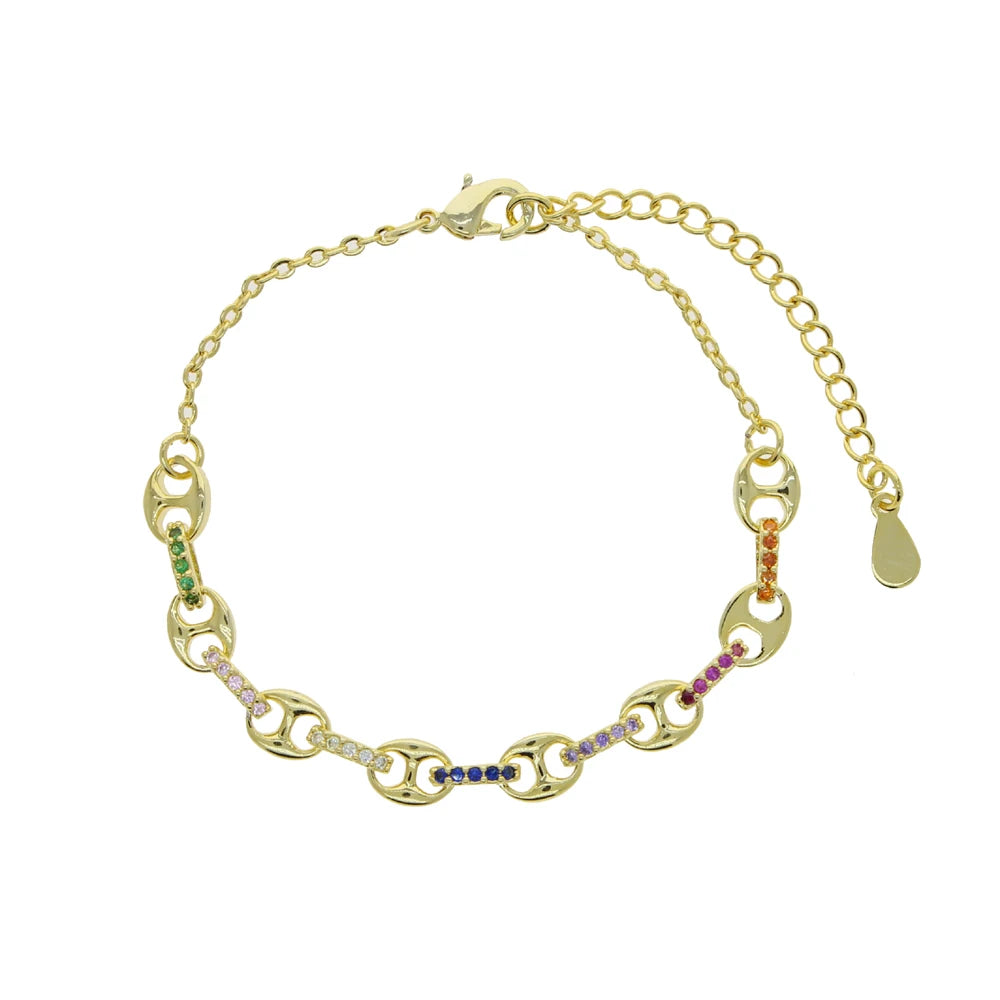 White Rainbow Cz Paved Link Cuban Chain Bracelet For Women Miami Boho Style Thick Gold Color Charm Bracelet Fashion Jewelry