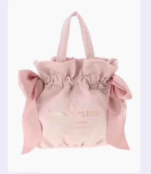 Japanese New Satin Double Bow Portable Shoulder Crossbody Women Bags with Long Shoulder Straps Sweet Letters Tote Bags