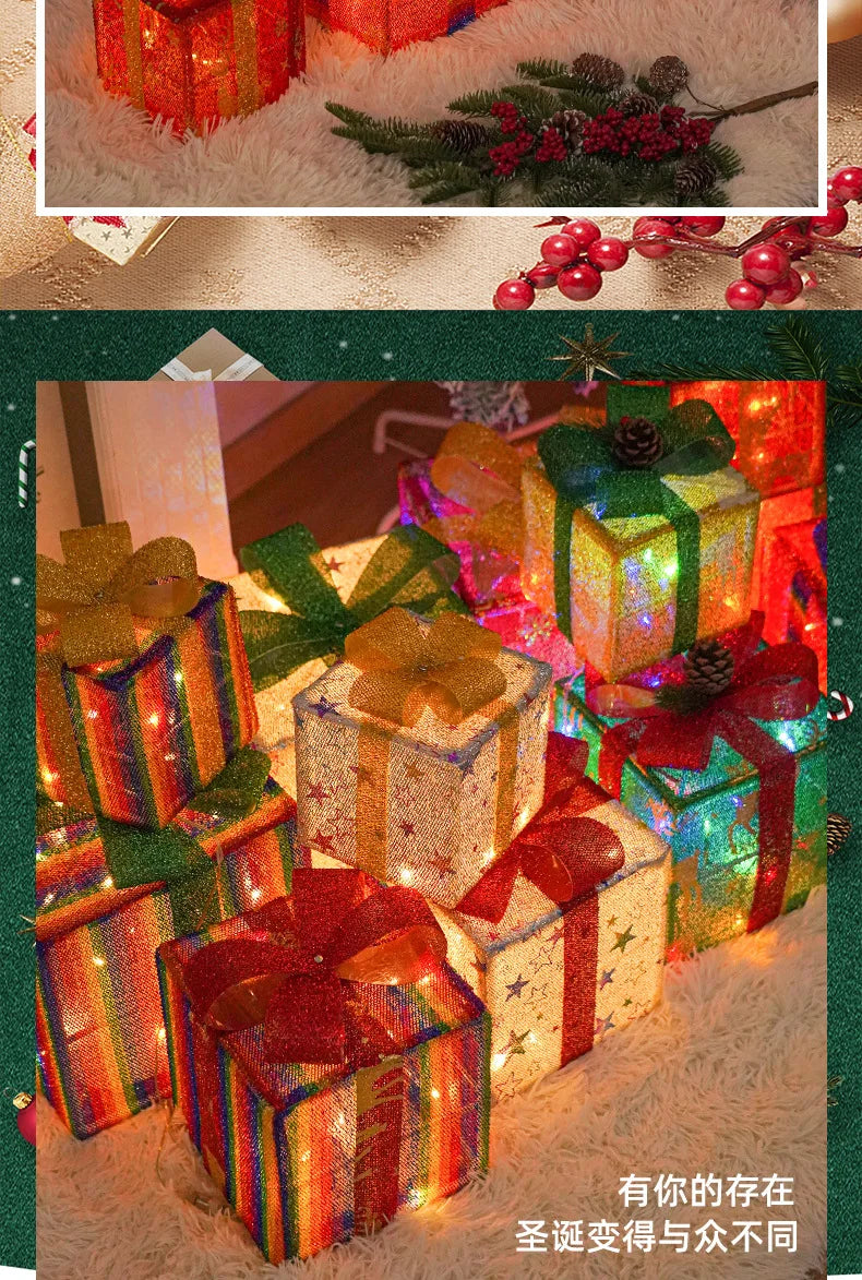 2025 Christmas Gift Box with LED Light String Warm Light Colored Light 3pcs Gift Box Christmas DIY Props Decoration Gift Boxs