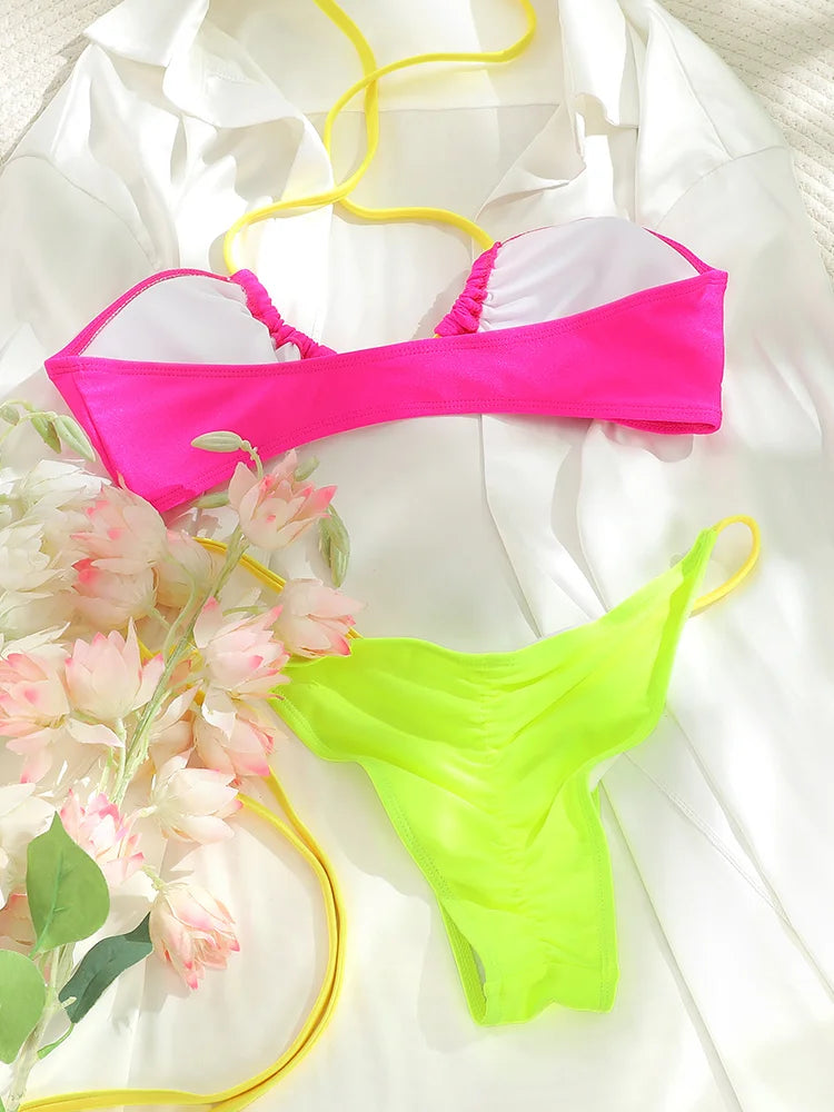 Sexy Patchwork Bikinis 2025 Swimsuit Women's Swimwear Triangle Bathing Suit Bandage Beachwear Thongs Bikini Sets Female Biquinis