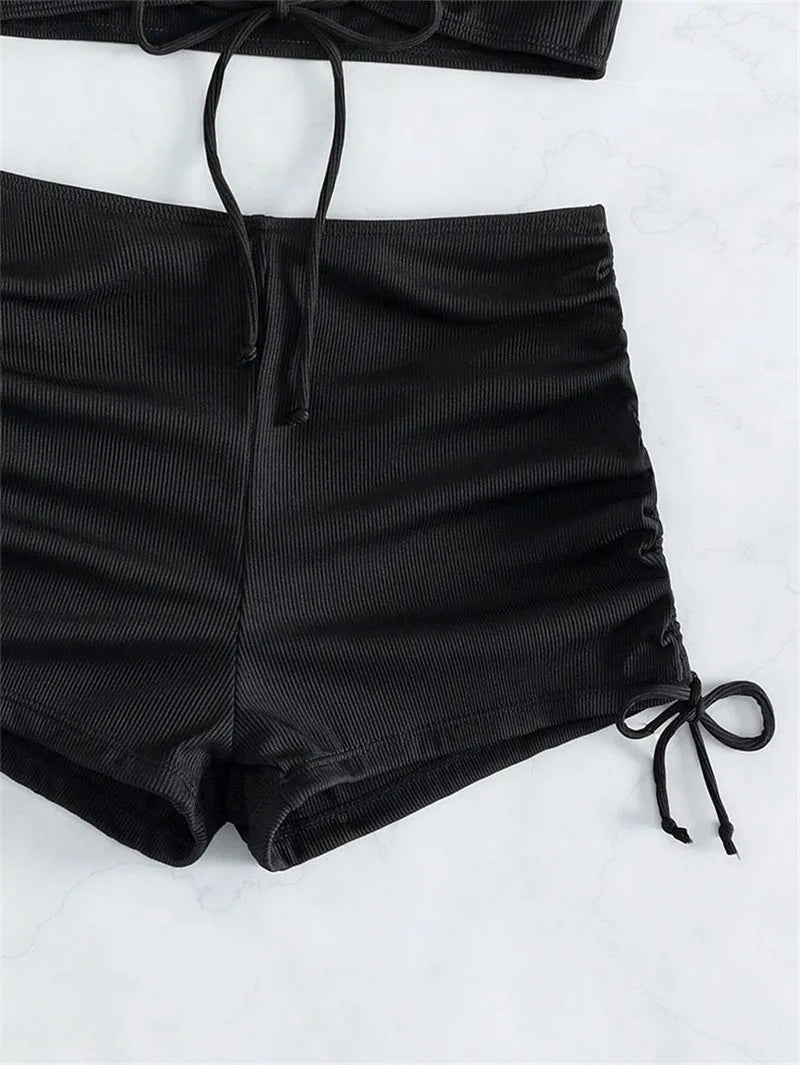 Black Drawstring Swimwear Bikinis Sets Mujer 2025 Crop Top Shorts Bottom Swimsuit Women Sexy Bathing Suit Beachwear Bikini Swim