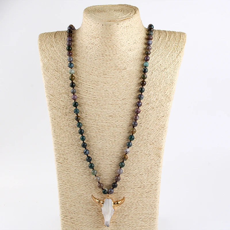 Fashion Bohemian Jewelry Sem Stone Knotted Horn Pendant Necklace For Women Boho Ethnic Necklace Gift