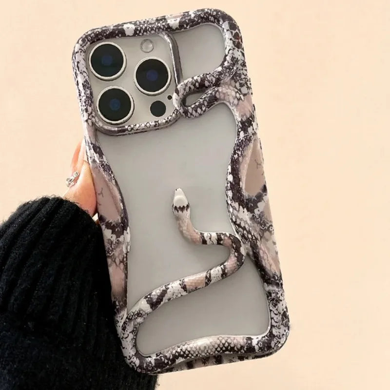 Luxury Stylish 3D Snake Hollow Phone Case For iPhone 16 Pro Max 15 14 Plus 13 12 11 Shockproof Skin Glossy Grain Cooling Cover