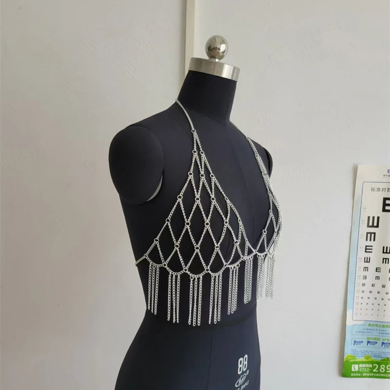 Shiny Body Chain Tank Top for Women Metallic Shining Detail Fringe Trim Halter Harness Bra Chain Festival Party Outfits Tops