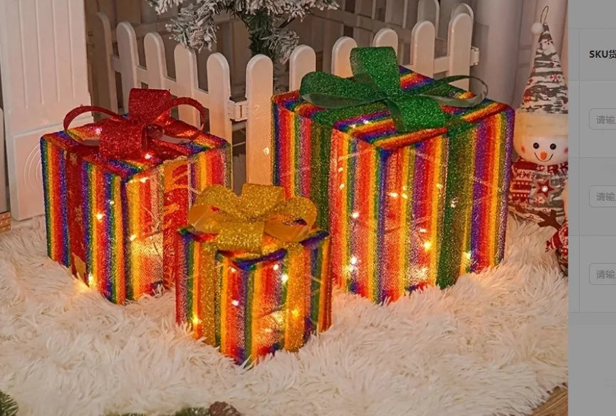 2025 Christmas Gift Box with LED Light String Warm Light Colored Light 3pcs Gift Box Christmas DIY Props Decoration Gift Boxs