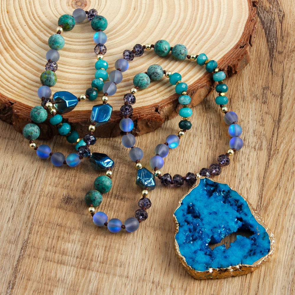 RH 2025 New Fashion Bohemian Style Natural Stone Glass Hematite Knotted Exaggerated Irregular Multicolor Druzy PendantNecklace