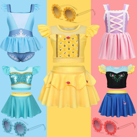 2025 Girls Two Piece Swimsuit Anna Elsa Belle Swimwear Princess Bodysuit Swimwear for Girls Childrens Bikini Beachwear Clothes