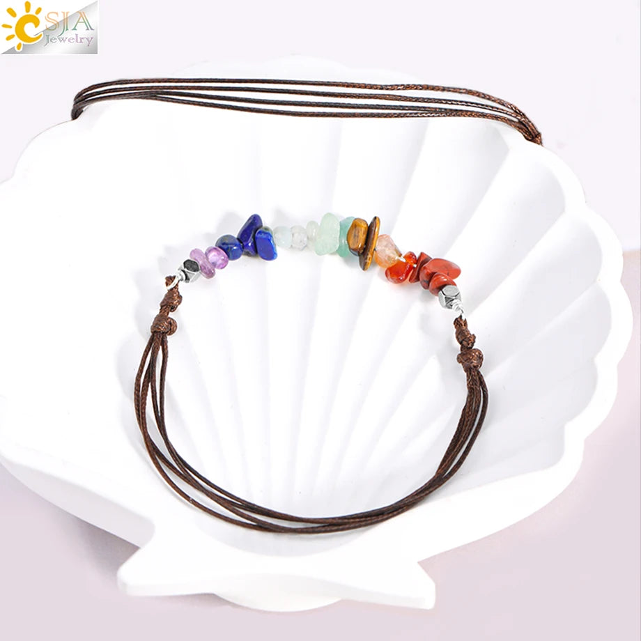 Healing Real Natural Stone Chip Bracelet  7 Chakras Pink Rock Crystal Handmade Rope Bracelet for Women Girl Small Jewelry H361