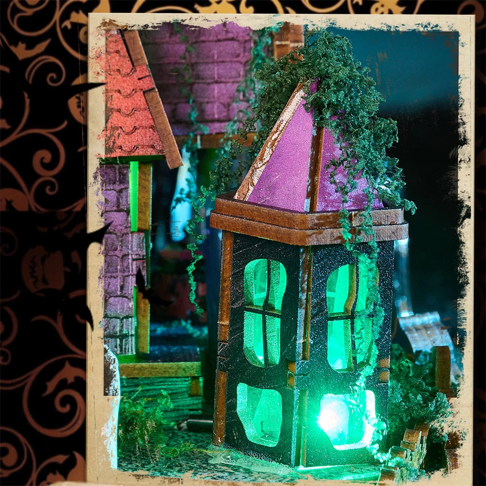 Retro DIY Wooden Halloween Night House Figurines Miniatures Kits With LED Lights Home Desk Decoration For Adult Handmade Gifts
