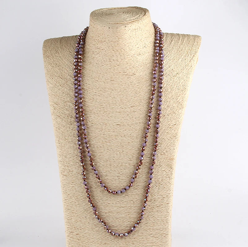 Fashion Bohemian Tribal Jewelry 6mm Crystal Long knotted Glass Crystal Necklace
