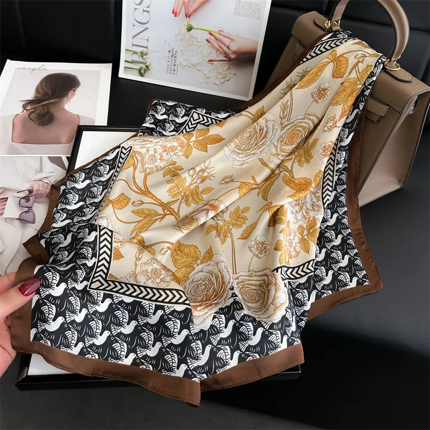 Imitated Silk Headcloth Fashion Flower Print Square Shawls Popular 70X70cm Bandanna Kerchief Sun Protection Silk Scarves Tie Bag