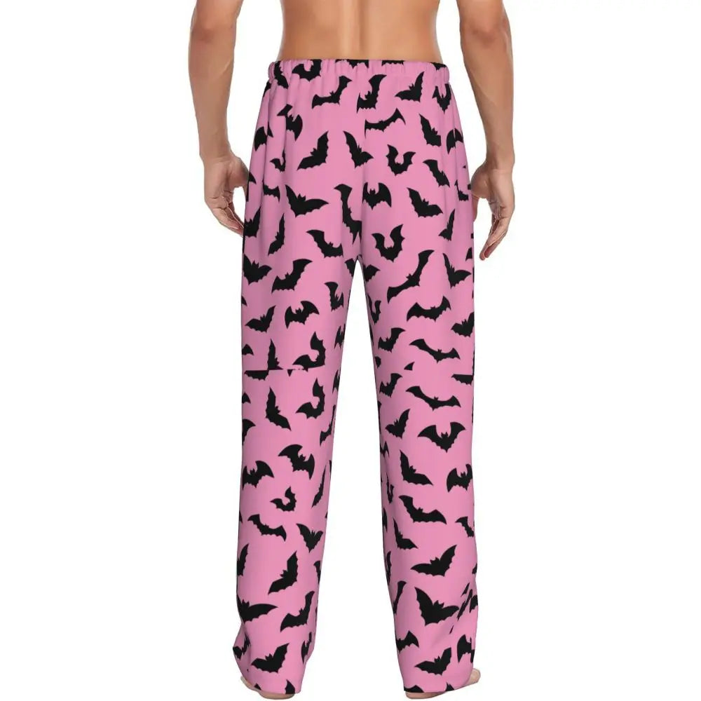 Custom Cute Spooky Halloween Bats Black And Purple Pajama Pants for Men Lounge Sleep Drawstring Sleepwear Bottoms with Pockets