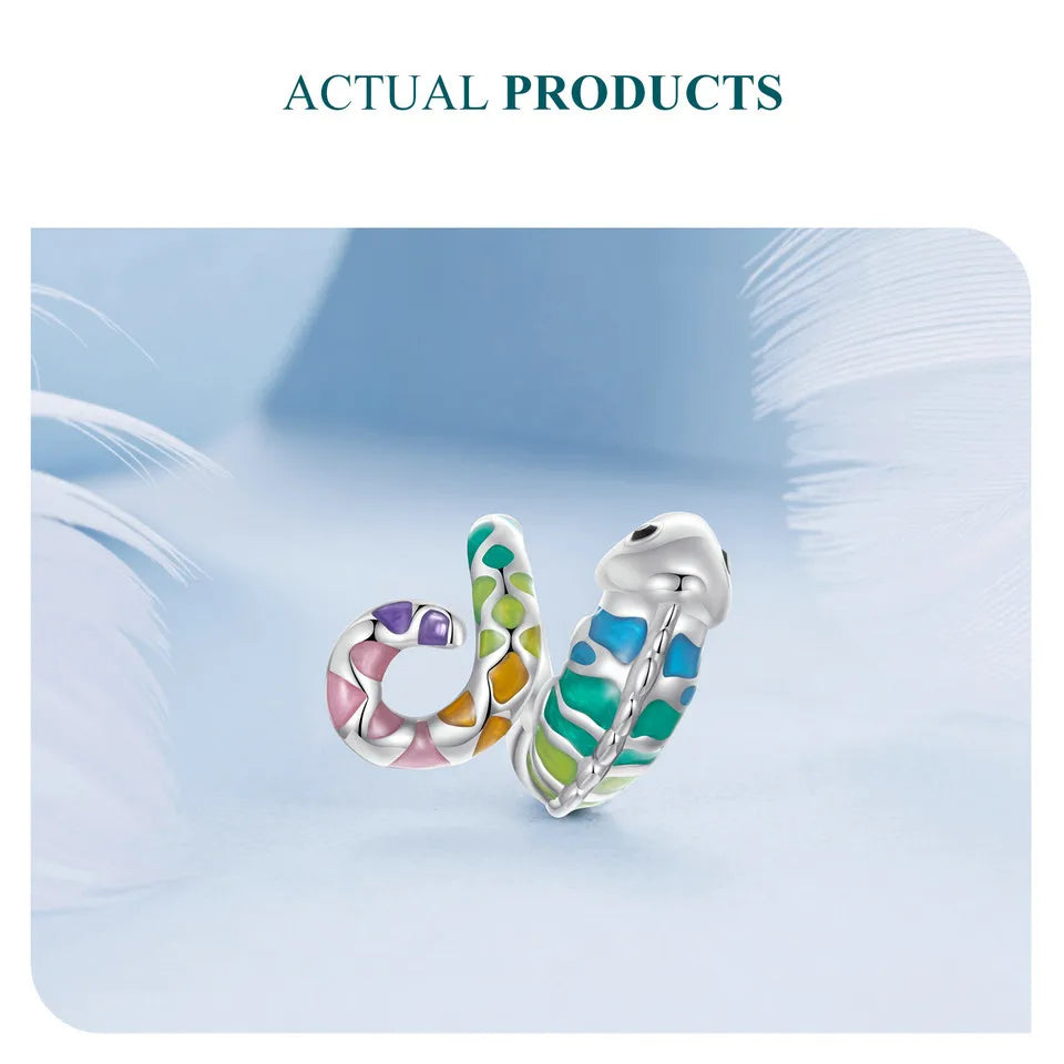 WOSTU Real 925 Sterling Silver Rainbow Color Chameleon Charms Animal Bead Fit Original Bracelet DIY Necklace Jewelry Making Gift