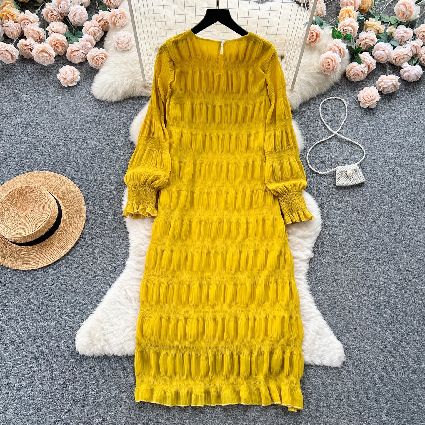 Autumn Vintage Women Draped Loose Midi Dress Elegant Round Collar Puff Long Sleeve Robe Casual Yellow/Burgundy/Green Vestido New