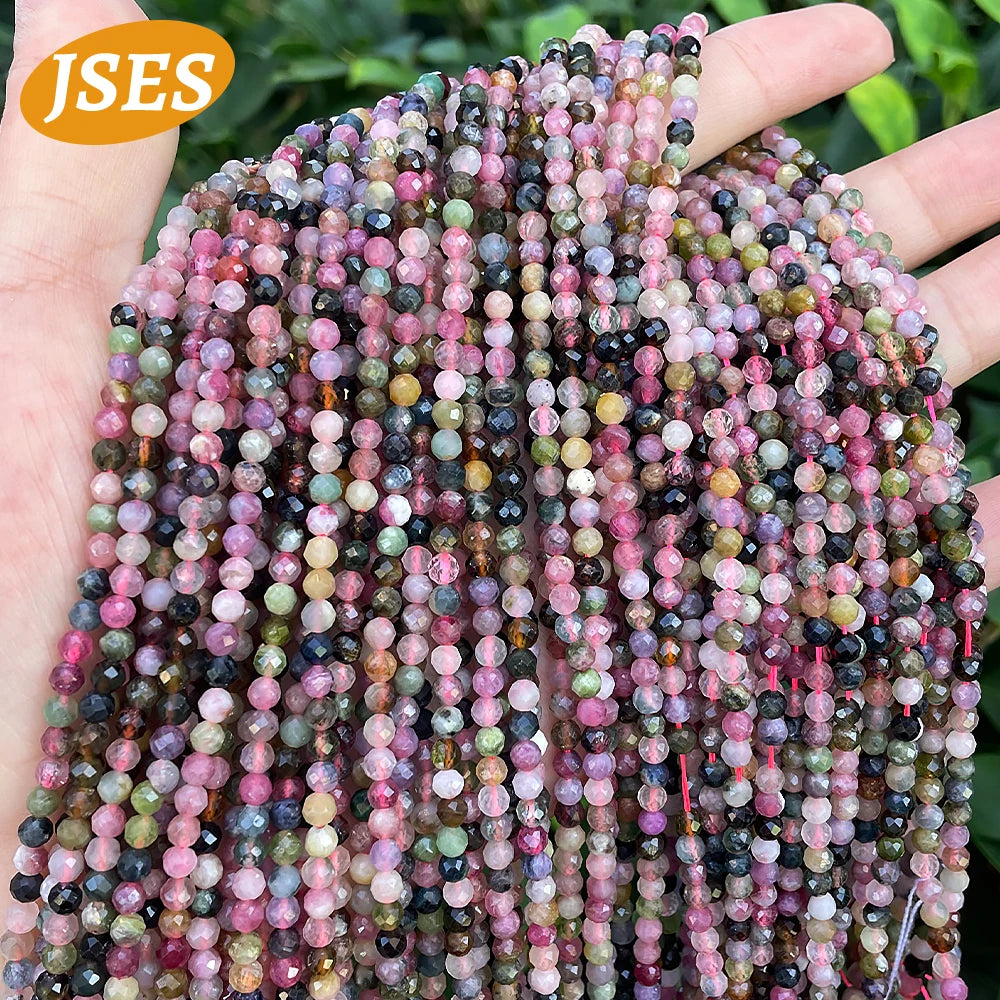 Natural Colorful Tourmaline Faceted Beads Round Loose Spacer Beads for Jewelry Making 3/3.5mm Bracelet DIY Accessories Charms