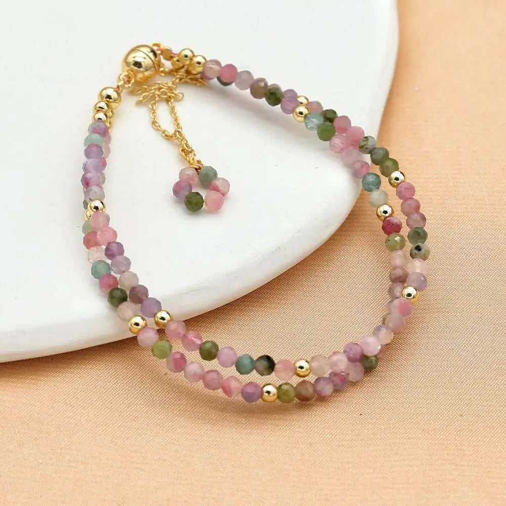 3MM Tourmaline Bracelets Double Layered Bohemian Colorful Crystal Beaded Bracelet Handmade Women Pulseira Fashion Jewelry