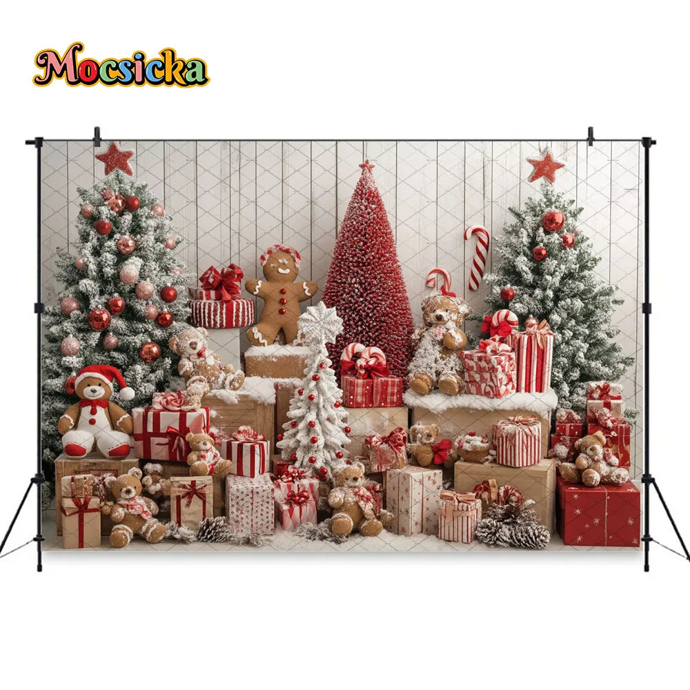 Mocsicka Christmas Gift Room Background for Winter Kid Photography Xmas Tree Gingerbread Man Snowy Backdrop Decor Photo Studio
